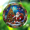 Acrylic Christmas ornament featuring Santa Claus and tree in colorful stained glass style - 15x15cm / Crescent Moon Night Santa