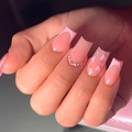 Pink French heart press-on nails with 3D rhinestones and long ballerina shape - Cupid Heart (DZ496-X) / 24 Pcs/Jelly Glue/Nail File Type