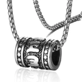 Retro stainless steel cylinder necklace with mantra relief carvings on white background - Tibetan Mani Cylinder