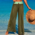 Three-piece bikini set olive green wide leg beach pants with mint high waist band - Olive Pants