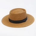 Classic flat top straw boater hat in brown with a black ribbon band for women - Indented Crown Straw Hat - Khaki with Black Ribbon
