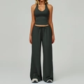 Two-piece yoga set with V-neck halter top and wide-leg pants in dark green brushed fabric - Vest+Pants-Volcanic Ash