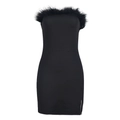 Detail of a black strapless bodycon dress featuring fluffy faux feather trim on the neckline - S / Black