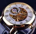 Forsining men's mechanical watch with golden skeleton dial and black leather strap - Black Strap White Dial Gold Accents