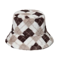 Plush faux rabbit fur bucket hat featuring a brown and white argyle geometric pattern - Brown Tan White Argyle
