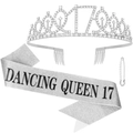 Silver 17th birthday tiara and Dancing Queen 17 glitter sash with pearl pin set - Sash Tiara Set / Dancing Queen 17 Silver Tiara Glitter Sash