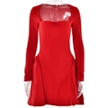 Detail view of red square neck dress featuring side pleated pockets and soft A-line silhouette - S / Red