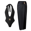 Detail of black beachwear set with halter swimsuit and side slit skirt with gold starfish - S / Black