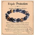 Bracelet Triple Protection avec perles d'Oeil de Tigre, Hématite et Obsidienne sur carte - 12mm Triple Protection avec Carte