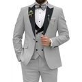 Grey three-piece men suit with black peaked lapel vest and accessories for wedding - Light Gray