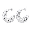 Polished silver croissant hoop earrings with twisted texture and butterfly backing - Twist Steel