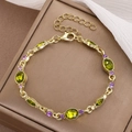 Bracciale vintage a doppio strato dorato con gemma ovale verde e pietre viola tonde - Oro Chiaro 14k (H-180)