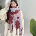 Winter mohair scarf in burgundy grey pink tie-dye with chunky tassels for women - Purple Leaf Pattern