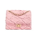 Pink denim chain bag with frayed quilted pattern and golden twist-lock closure - Pink