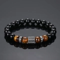 Men's matte black beads and tiger eye stone bracelet with silver hexagonal charms - Silver Pave Polished Black Beads