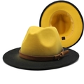 Two-tone gradient wool fedora hat with yellow crown and black brim with leather band - M (56-58cm) / Yellow + Black