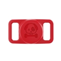 Detail of red silicone Airtag holder with cartoon dog and bone relief for pet collars - Red