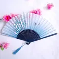 Ancient style folding fan with blue gradient silk, black bamboo frame and tassel charm - Blue Gradient Flower & Butterfly Black Hollow-out Style (Women's Fan - 90)