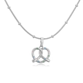 Macro shot of silver snake chain necklace with pretzel heart pendant and colorful crystals - Colorful Zirconia Pretzel Necklace / Silver