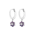Detail of silver flower drop earrings featuring purple and clear zircon crystals - Silver with Purple Flower Drop Earring