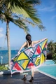Ethnic style summer beach shawl with watermelon and palm leaf patterns and pink tassels - Geometric Tropical Plant Style / Red / 180cm