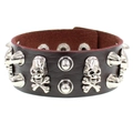 Dark brown leather punk bracelet with silver skull charms and metallic spike studs - Dark Brown Skull