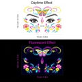 Neon butterfly and floral face tattoos showing day and UV glow effects, size 15x10.5cm - Gold Powder Fluorescent JFA-003