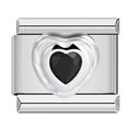 Italian modular charm link in silver with a centered black heart stone inlay - Black Rhinestone (C1531) / Silver
