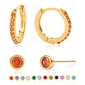 Detail view of gold hoop earrings set with colorful zircon stones and single stud earrings - Hoop and Stud Set / Gold - Dark Orange Red