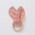 Baby teething toy with pink cotton gauze rabbit ears and natural wooden ring - Deep Pink