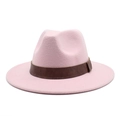 Detail of the pink wool fedora hat with a premium dark brown leather band and buckle - M (56-58cm) / Pink