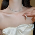 Elegant silver necklace and stud earrings set with white pearls and sparkling crystals - 28# Necklace - Silver (two-piece Set)