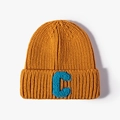 Ginger yellow knitted beanie with blue chenille letter C patch for winter warmth - One Size / Orange