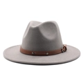 Detail of grey fedora hat featuring a brown leather band and metallic buckle accent - Light Gray