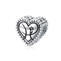 Silver 925 heart charm with zodiac flower engraving and beaded border for DIY bracelets - Pisces(PC1736-12)