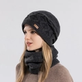 Women's winter dark grey knitted hat and neck warmer set with warm fleece lining - Black