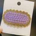 Handmade oval knitted hair clip in purple yarn with gold metallic embroidery edge - 16# Gold Thread Oval Purple