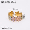 Colorful enamel flower ring in gold finish with blue pink and green petals - Adjustable Open / Blue/Purple/Pink Flowers (NB-R2023246)