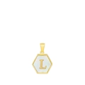 Gold hexagon pendant necklace with white shell inlay and letter L in 18k plated steel - Letter L