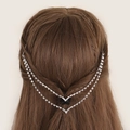 Cadena de plata para novia con borlas dobles de diamantes y diseño drapeado en V - Cadena de pelo de diamantes de imitación de doble capa plateada (E7208)
