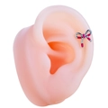 Silver titanium steel bow stud earring with pink accents on a silicone ear model - Rose Red (Single Piece)
