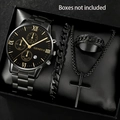 Close-up of black steel watch set with Cuban bracelet, ring and cross necklace - Style 9 (No Box)