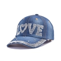 Dark blue denim baseball cap with rhinestone LOVE lettering and curved brim style - LOVE Full Rhinestone (Medium Blue)