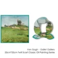 Close-up of 53cm silk-like twill scarf featuring Van Gogh oil painting art patterns - Van Gogh Le Moulin de la Galette / 53cm x 53cm