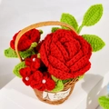 Handmade red crochet roses in a small rattan basket with decorative pearl accents - Crochet Leaves + Red Roses Basket