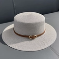 Light gray straw boater hat with brown leather band and golden oval buckle detail - M (56-58cm) / Gray