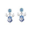Pendientes S999 de plata con asta de ciervo y circón azul en forma de gota de agua - Stud aretes / Oro blanco (Circonita azul aguamarina)
