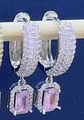Sparkling silver square hoop earrings with micro-pave white zircons and pink gemstones - Silver U-Shape Style / Silver/Pink Zirconia