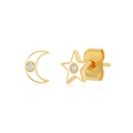 Goldene Stern- und Mond-Ohrringe mit weißer Emaille und funkelnden Zirkonia-Akzenten - Asymmetrische Stern & Mond Emaille Ohrstecker
