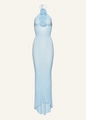 Dettaglio dell'abito halter azzurro con accenti floreali 3D e taglio aderente slim - XS / Azzurro
